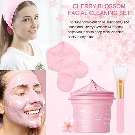 Japan-Sakura Skincare Set, Beauty Skin Care Products Set, Daily Skin Care Set for Women Girls, Skin Care Sets & Kits Includes Skincare Headband, Face Brush, Cleanser, Serum, Cream, Mud Mask
