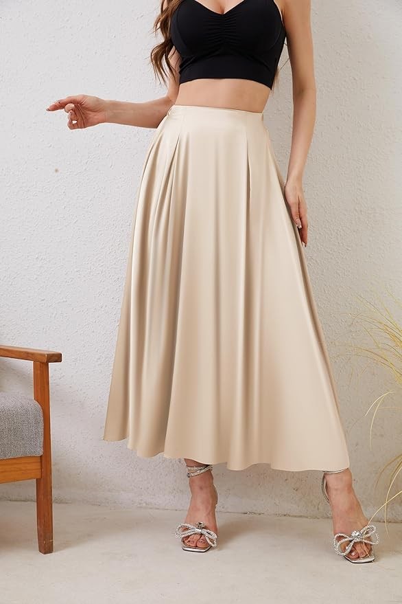 Womens Satin High Waist Elastic Midi Skirt Satin Maxi Skirt Silk Elegant Long Trendy A-Line Midi Skirts