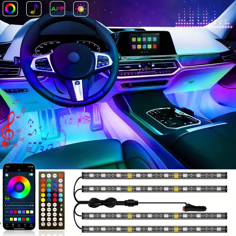 4 LED Smart Car Light Strips, 12V Music Synchronized Color-changing Light Strips, App, 44-key Remote Control, DIY Mode Brightness Adjustment Lights, For Various Car Models