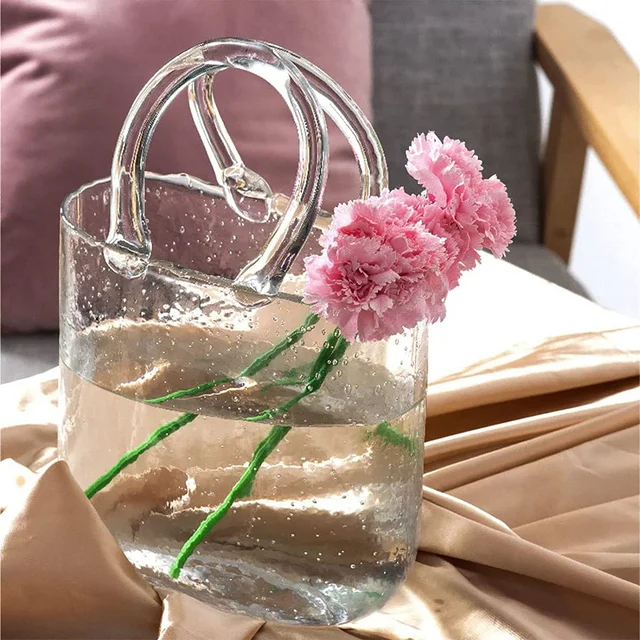 KYONANO Glass Purse Vases for Flowers,Hand Blown Pink Vase with Bubbles in It, Pink Flower Vase with Handles,Multifunction Bag Glass Vase for Home décor/Unique Fish Tank(1 Pink Vase Only)